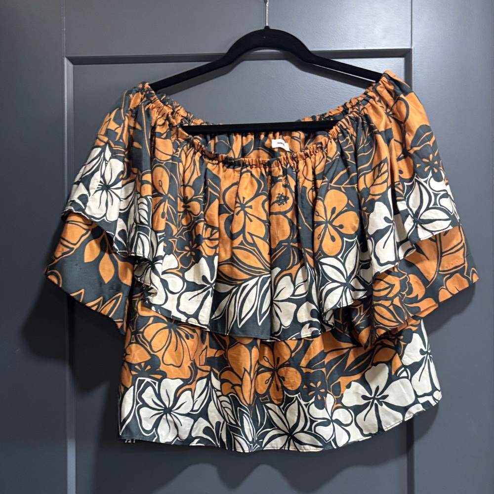 Warm NY 💯 SILK Off-Shoulder Floral Ruffle Top in Orange, Black & Cream